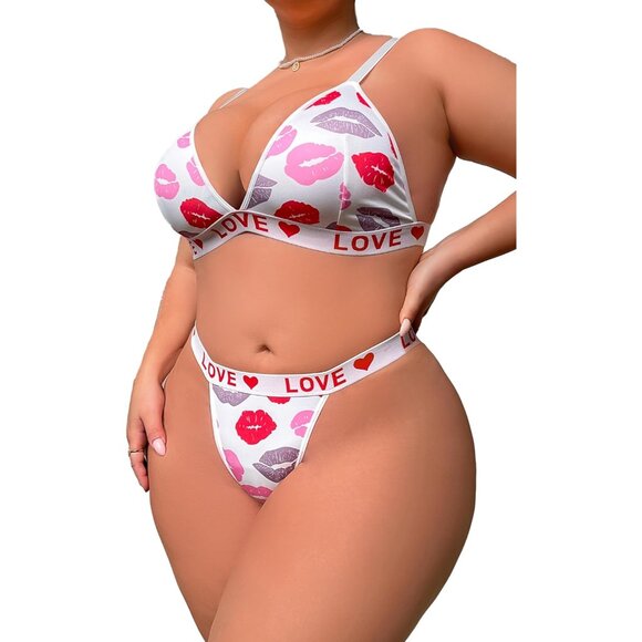 Plus Size 2-Piece Sheer Lingerie Set - Deep V Neck Bra & Thong Elegant Outfits - Picture 5 of 5